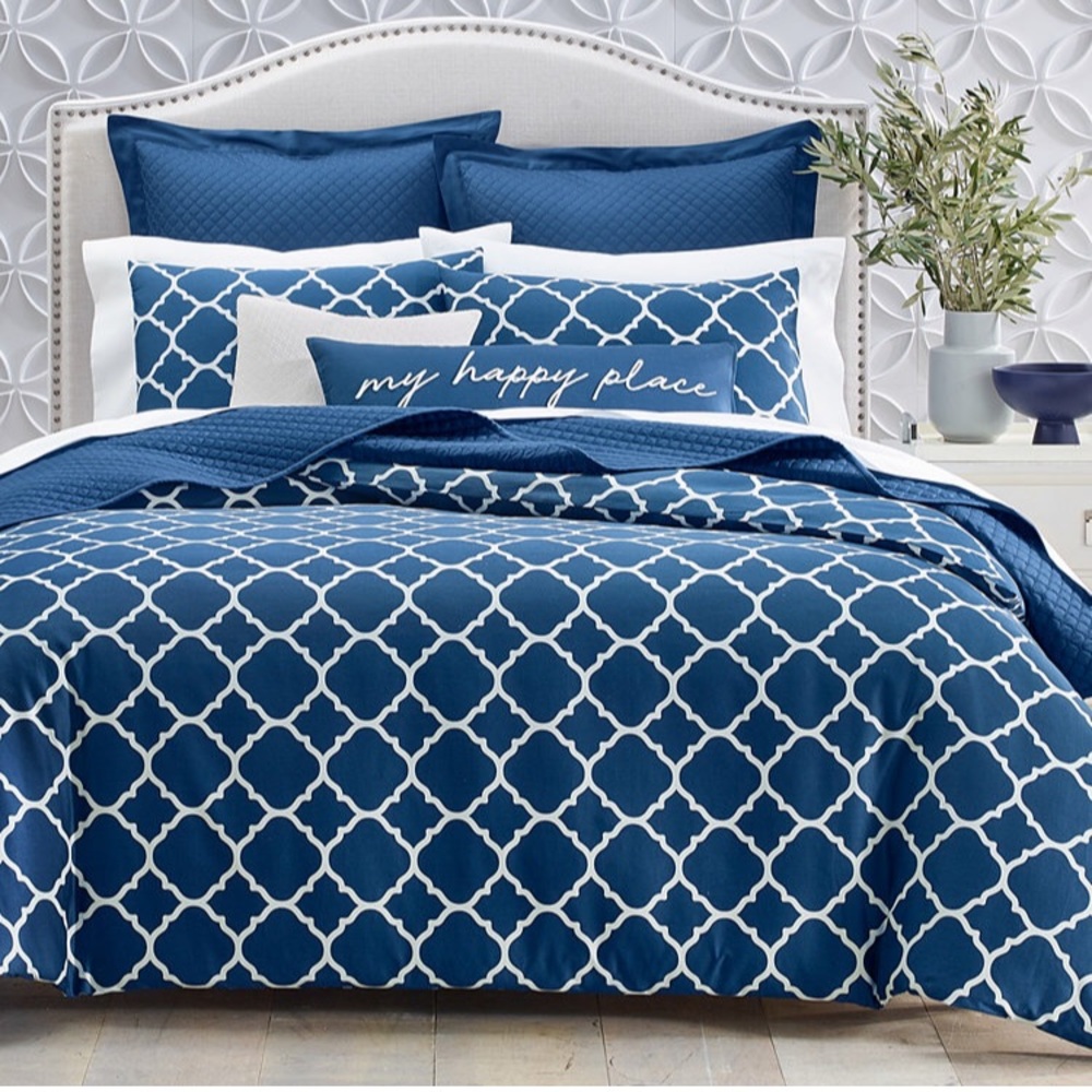 NWT Charter Club Geometric Dove 2 PC Duvet Cover Set, Twin, Navy Peony